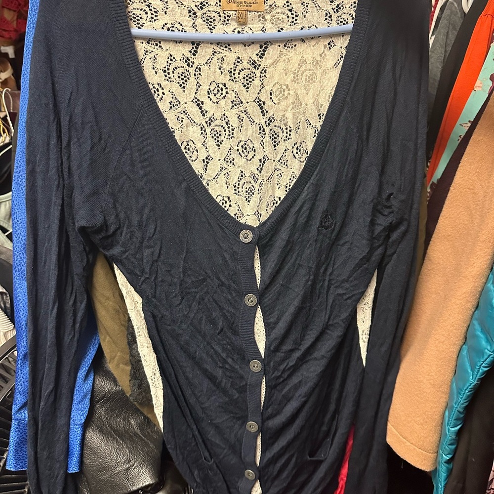 Elegant Navy Button Down Cardigan with‎ Lace
